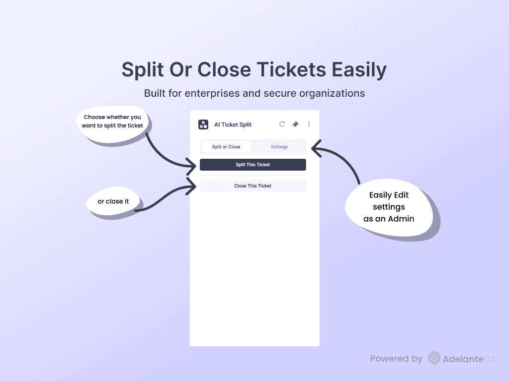 AI Ticket Split interface for splitting or closing tickets