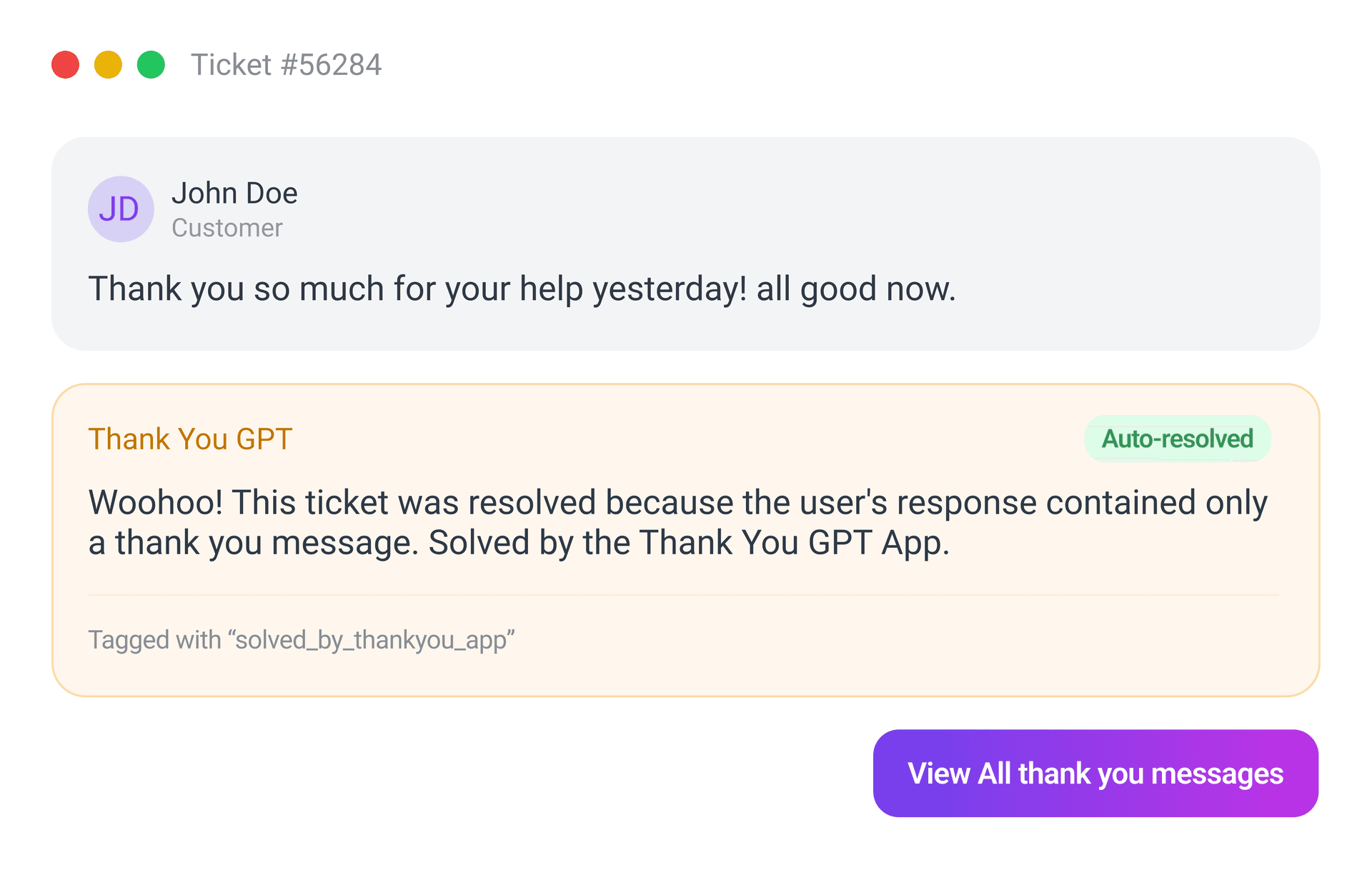 Thank You GPT Zendesk ticket view