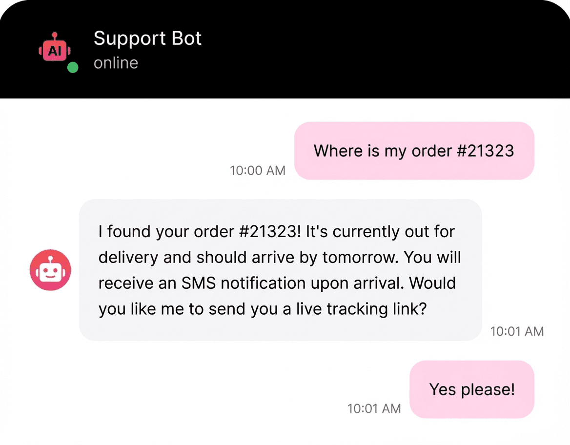AI Support Bot chat interface showing order tracking conversation