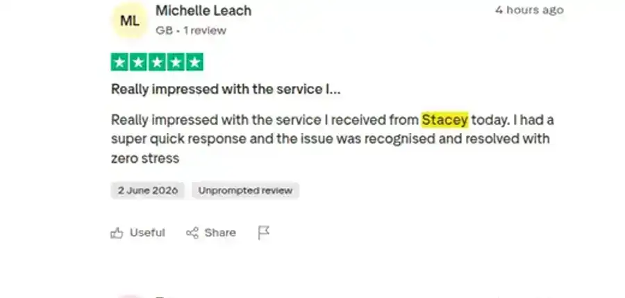 Single Trustpilot review mentioning Stacey, the AI support agent