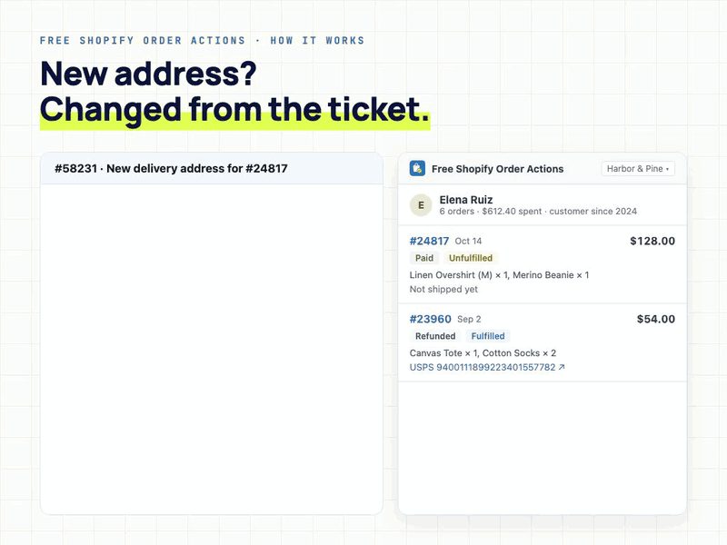 Free Shopify Order Actions changing a shipping address from the Zendesk ticket sidebar